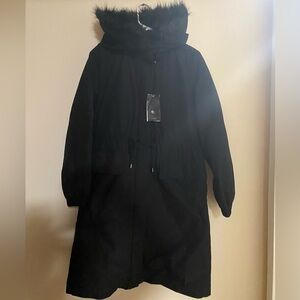 Zara  Black Hooded Long  Down Jacket with Fur Trim S